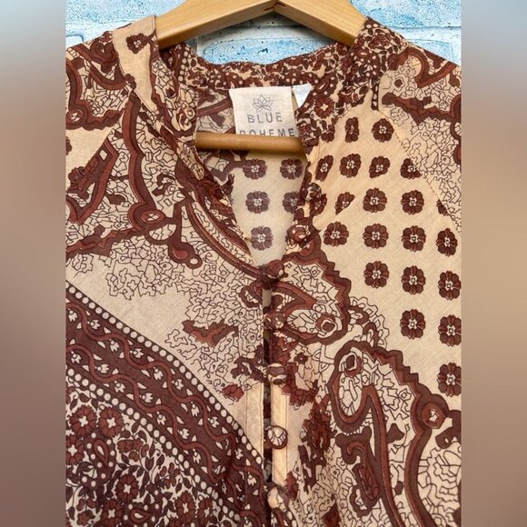 BLUE BOHEME Audrey Printed Maxi kaftan  Dress Butterfly Sleeves  brown large - Picture 4 of 13